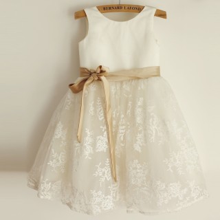 Ivory Lace Satin Wedding Flower Girl Dress with Champagne Belt