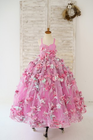 Hot Pink 3D Flower Spaghetti Straps Wedding Flower Girl Dress Kids Party Dress