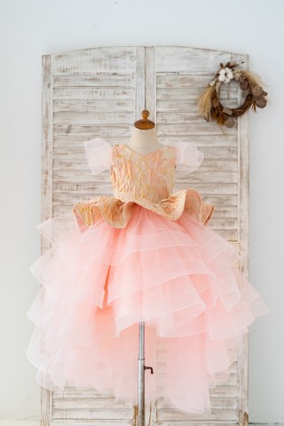 Pink Jacquard Hi Low Tulle Wedding Flower Girl Dress Kids Princess Party Dress 
