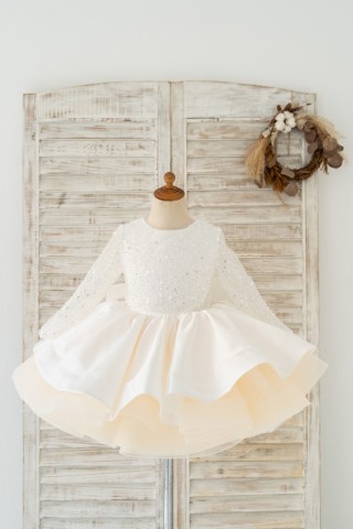 Long Sleeves V Back Crystal Beaded Tulle Satin Wedding Flower Girl Dress Kids Party Dress 