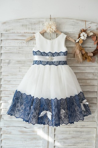 Ivory Satin Tulle Wedding Flower Girl Dress with Navy Blue Lace Bow Belt