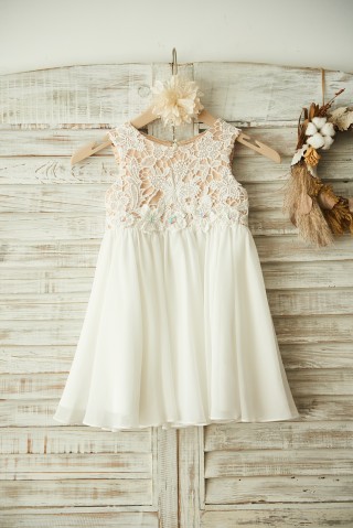 Boho Beach Ivory Lace Chiffon Wedding Flower Girl Dress