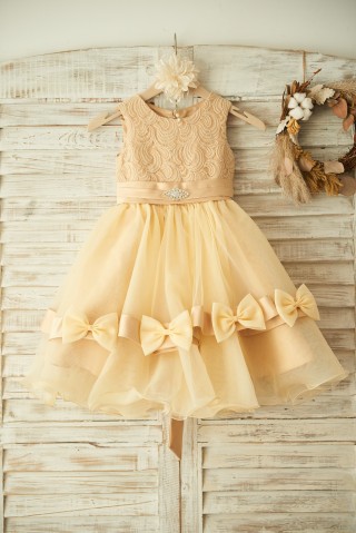 Champagne Lace Organza Wedding Flower Girl Dress with Belt/Bow