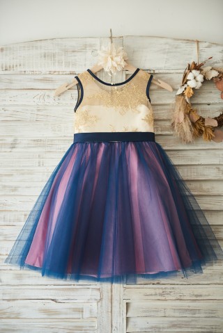 Gold Lace Navy Blue Tulle Wedding Flower Girl Dress with Bow
