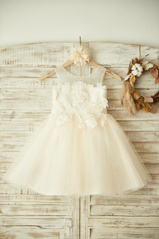  Sheer Neck Ivory Lace Champagne Tulle Wedding Flower Girl Dress