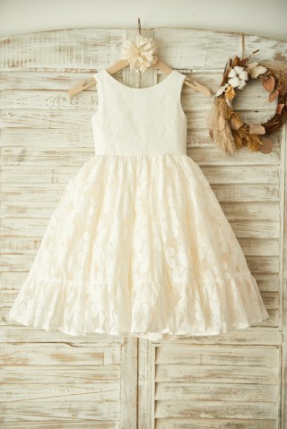 Ivory Lace Champagne Tulle Wedding Flower Girl Dress