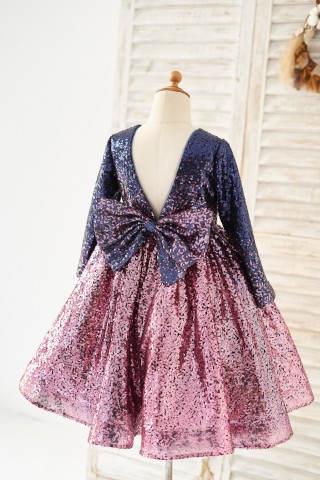 Ombre Navy Pink Sequin V Back Wedding Flower Girl Dress with Bow Kids Party Dress
