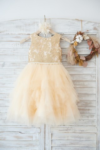 Gold Lace Champagne Ruffle Tulle Wedding Flower Girl Dress with Pearl Belt