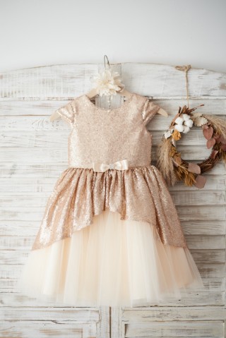 Champagne Sequin Tulle Cap Sleeves Girl Party / Birthday Dress