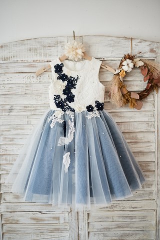 Ivory lace Silver Gray Tulle Wedding Flower Girl Dress with Navy Blue appliques\beads