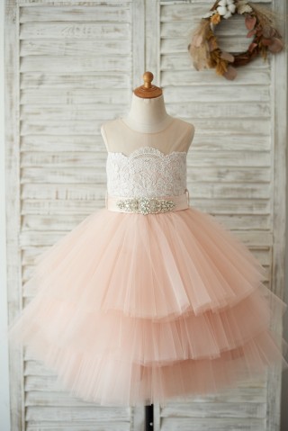 Sheer Neck Peach Pink Tulle Lace Cupcake Skirt Wedding Flower Girl Dress with beaded sash