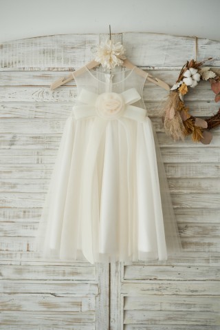 Boho Beach Champagne Tulle Wedding Flower Girl Dress with Bow