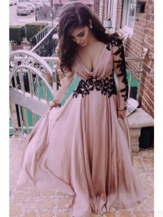 Princessly.com-K1004091-Mauve Chiffon Black Lace Long Sleeves V Back Wedding Prom Evening Party Dress-20