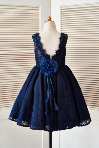 Princessly.com-K1003397 Deep V Back Navy Blue Lace Wedding Flower Girl Dress with Flower-20