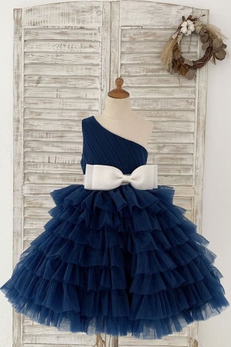 Princessly.com-K1004165-One Shoulder Navy Blue Cupcake Tulle Wedding Flower Girl Dress Kids Party Dress-20