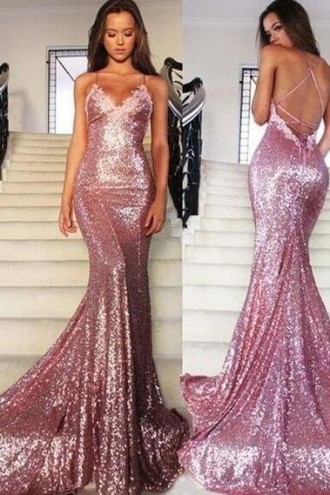 Princessly.com-K1004088-Pink Sequin Lace Spaghetti Straps Backless Wedding Prom Evening Party Dress-20