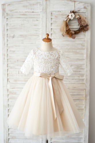 Princessly.com-K1004029-Short Sleeves Ivory Lace Tulle Wedding Flower Girl Dress with Champagne Lining-20