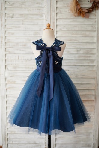 Princessly.com-K1003875-Navy Blue Lace Glitter Tulle Beaded Cross Back Wedding Flower Girl Dress-20