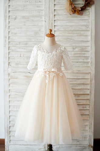 Princessly.com-K1003812-Princess Short Elbow Sleeves Ivory Lace Champagne Tulle Wedding Flower Girl Dress-20