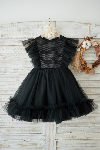 Princessly.com-K1003906-Black Sequin Tulle Ruffle Sleeves Wedding Flower Girl Dress-20