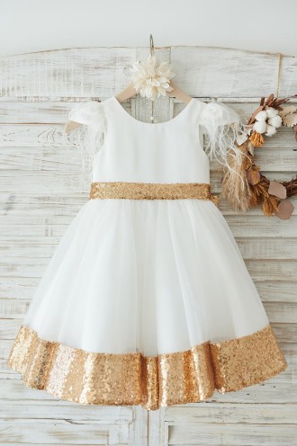 Princessly.com-K1003909-Ivory Satin Tulle Gold Sequin Cap Sleeves Flower Girl Dress with Feather-20