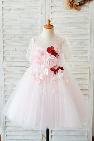 Princessly.com-K1003920-Pink Lace Tulle 3D Flowers Elbow Sleeves Sheer Back Wedding Flower Girl Dress-20