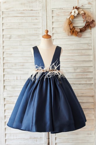 Princessly.com-K1004059-Navy Blue Satin V Neck Wedding Party Flower Girl Dress-20