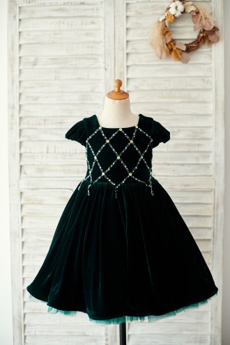 Princessly.com-K1003890-Beaded Green Velvet Corset Back Cap Sleeves Wedding Flower Girl Dress-20