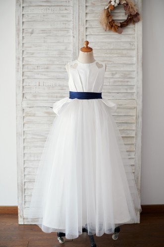 Princessly.com-K1003892-Ivory Satin Tulle Wedding Flower Girl Dress with Navy Blue Belt-20