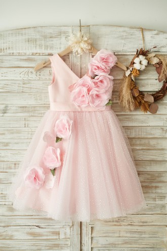 Princessly.com-K1003847-V Neck Pink Satin Tulle Wedding Party Flower Girl Dress-20