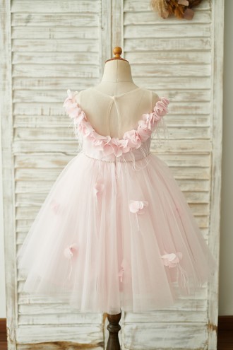 Princessly.com-K1003845-Off Shoulder Pink Tulle Feathers Wedding Party Flower Girl Dress-20