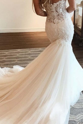 Princessly.com-K1004077-Mermaid Ivory Lace Tulle Sweetheart Neck Wedding Party Dress-20