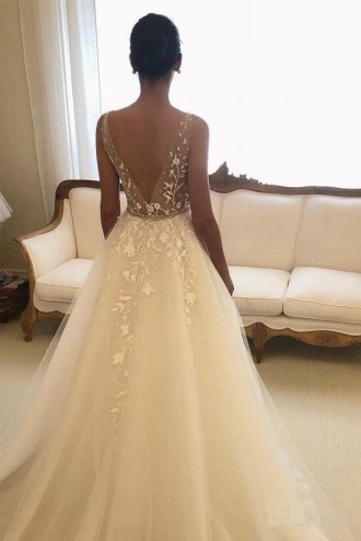 Princessly.com-K1004076 Ivory Lace Tulle Straps V Back Wedding Party Dress-20