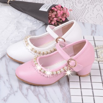 Princessly.com-K1004022-Ivory/Pink Leather Rhinestone Pearls Wedding Flower Girl Shoes High Heels Princess Shoes-20