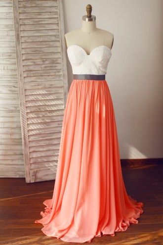 Princessly.com-K1003327-Strapless Lace Coral Chiffon Wedding Bridesmaid Dress-20