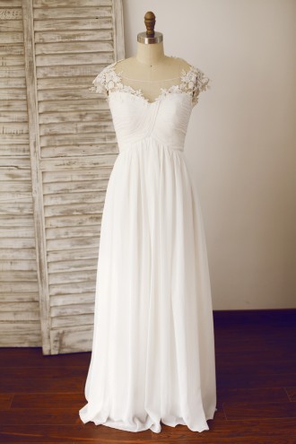 Princessly.com-K1003333 Sheer Illusion Neckline Chiffon Lace Wedding Dress-20