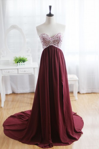 Princessly.com-K1001936-Wine Red Burgundy Chiffon Bridesmaid Dress Prom Dress Strapless Beaded Dress-20