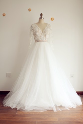 Princessly.com-K1003283-A Line V neck Long Sleeves Lace Tulle Wedding Dress with Sweep Train-20