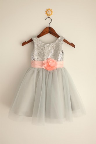 Princessly.com-K1000023-Silver Grey Sequin Tulle Flower Girl Dress with blush pink belt-20