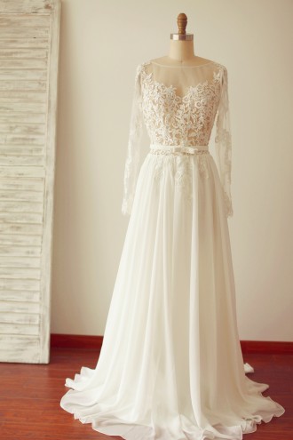 Princessly.com-K1003279-A Line Long Sleeves Backless Lace Chiffon Wedding Dress with Sweep Train-20