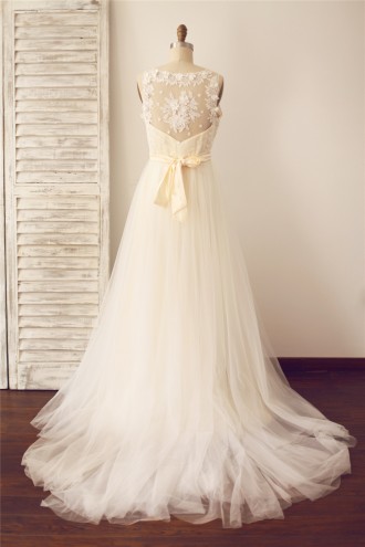 Princessly.com-K1000093-Vintage Sheer Illusion V Neck Lace Tulle Wedding Dress with Champagne lining-20