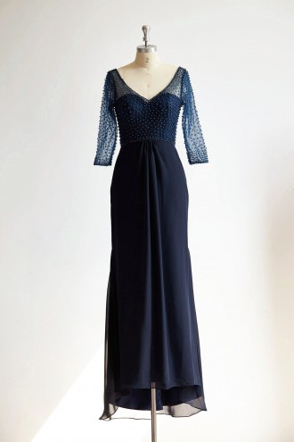 Princessly.com-K1000297-V Neck Elbow Length Sleeves Navy Blue Beaded Chiffon Tulle Wedding Mother Dress-20