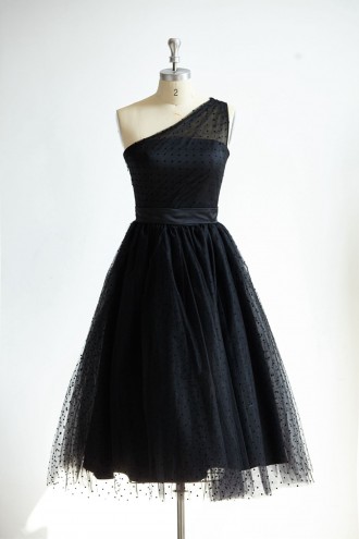 Princessly.com-K1000300-One Shoulder Black Polk Dot Tulle Short Tea Length Prom Party Dress-20