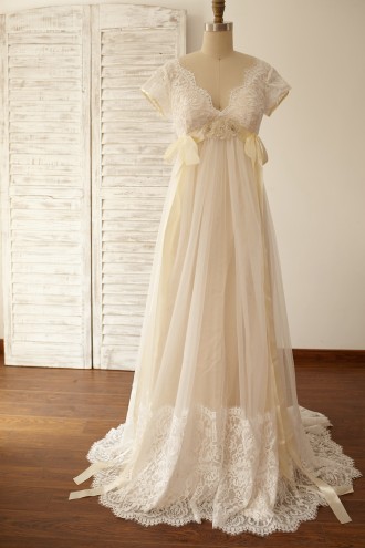 Princessly.com-K1000056-Empire Waist Maternity Cap Sleeves Lace Tulle Wedding Dress-20