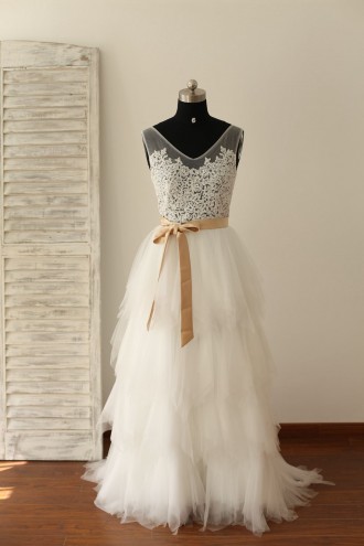Princessly.com-K1000220-Sheer See Though Ivory Lace Tulle V Back Wedding Dress with champagne sash-20