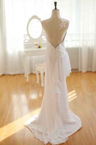 Princessly.com-K1001945-Simple Ivory Chiffon Wedding Dress Backless Dress with Lace Flower detail-20