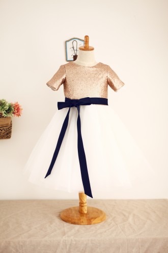 Princessly.com-K1000125-Short Sleeves Mate Champagne Sequin Tulle Flower Girl Dress with navy blue sash-20