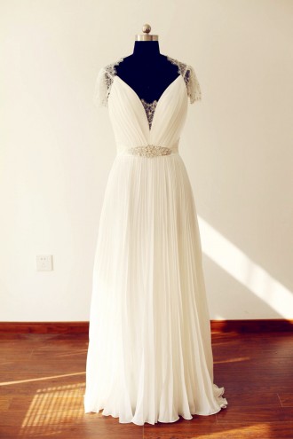 Princessly.com-K1000221-Sheer See Though Back Short Sleeves Lace Chiffon Long Wedding Dress-20