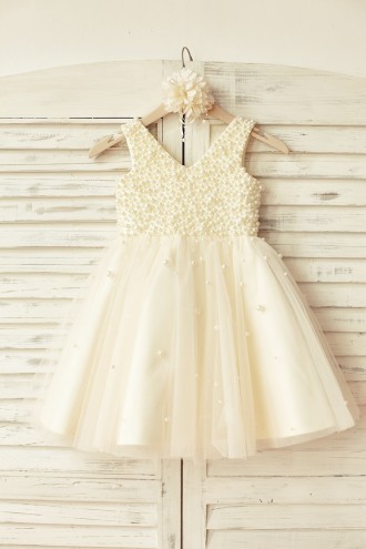 Princessly.com-K1000109-Princess V Neck Champagne Tulle Pearl Beaded Flower Girl Dress-20
