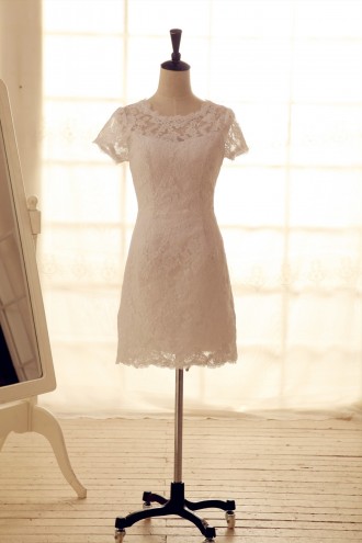 Princessly.com-K1001938-Vintage Inspired French Corded Lace Wedding Dress Short Dress Knee Length Dress with Cap Sleeves-20